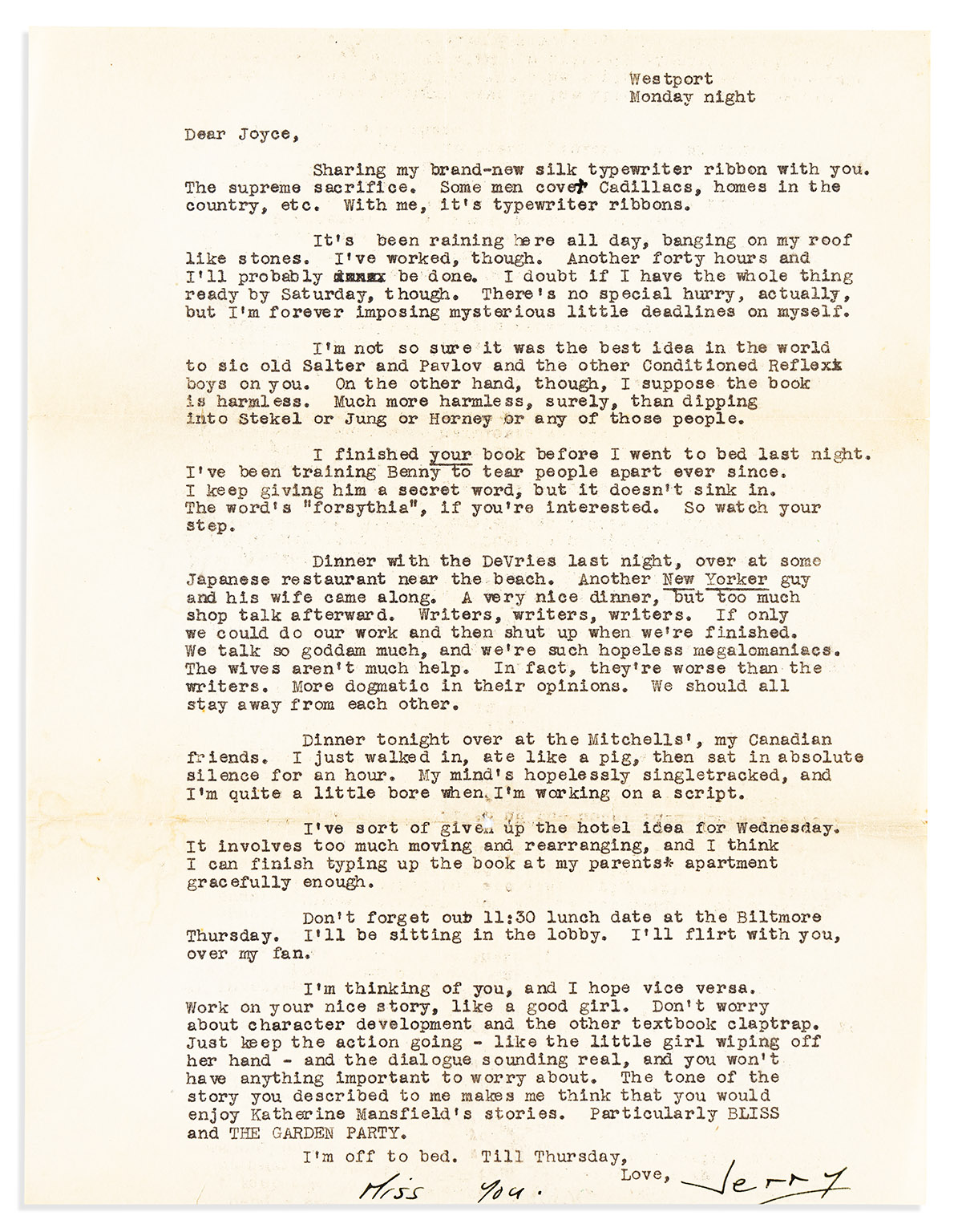 SALINGER, J.D. Typed Letter Signed, Jerry, to staff writer at The New Yorker Joyce Miller, with holograph postscript (Miss you),